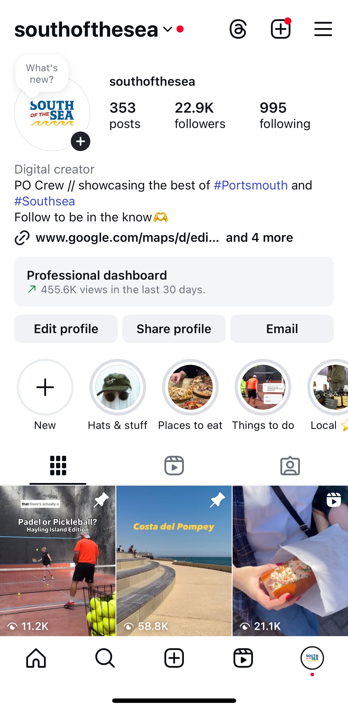 South of the Sea Instagram profile with posts and followers displayed